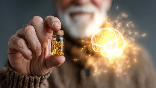 An elderly man holds a small glass vial of omega-3 capsules with a glowing digital brain hologram beside it, symbolizing the connection between dietary supplements and cognitive function. 