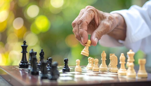 Close-up of an elderly person's hand moving a white pawn on a chessboard outdoors, highlighting strategy, retirement, aging, and mental activity against a bright, green bokeh background. - Powered by Adobe