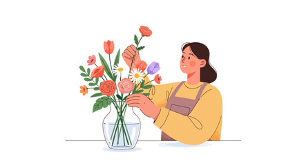Young female florist in an apron showcasing her creative passion by arranging a vibrant bouquet of fresh spring flowers in a clear glass vase