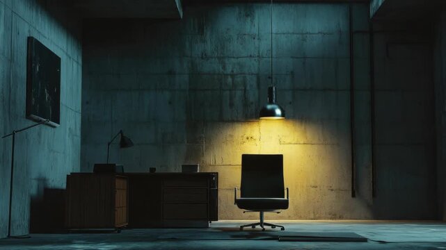 Video A simple dark room setup with a desk and a chair, ideal for interior design or workspace s