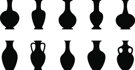 PrintSet of Traditional and Classical Vase Silhouettes Vector, Ancient Greek Pottery, Amphora, and Decorative Vessel Shapes for Art