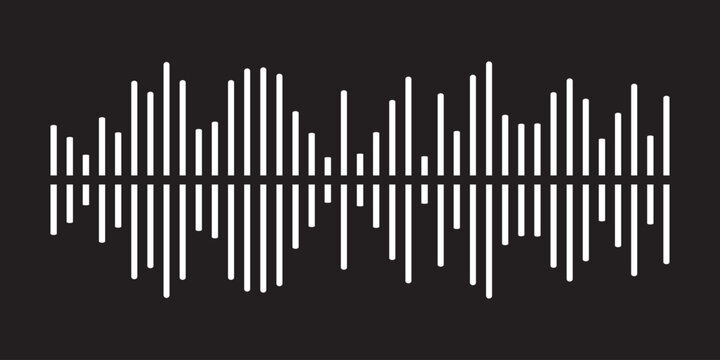 Black podcast sound wave patterns with varying amplitude bars for audio visualization and media interfaces. Digital frequency lines on white bg for music players, recording apps or broadcast design