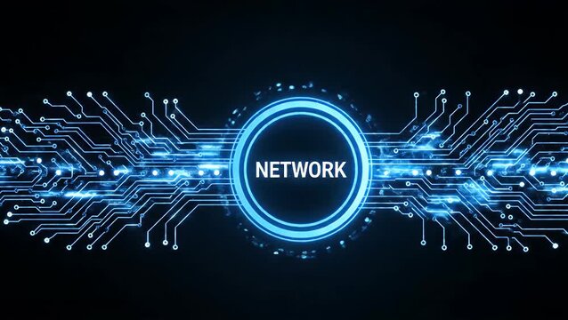 Glowing blue circuit lines surrounding central network text