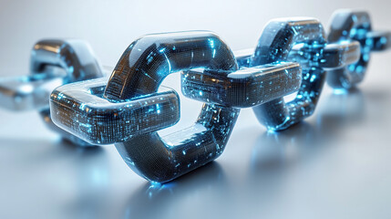A futuristic digital chain link made of glowing blue elements, symbolizing technology and connectivity