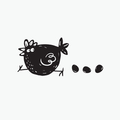 Hand Drawn Funny Chicken and Eggs Doodle Illustration