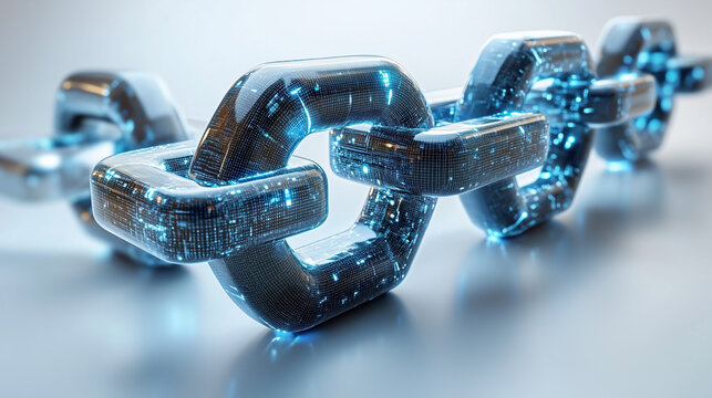 A futuristic digital chain link made of glowing blue elements, symbolizing technology and connectivity