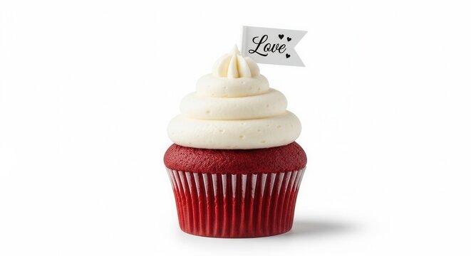 Delicious red velvet cupcake with cream frosting and love flag on white background with copy space