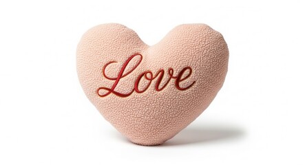 Heart-shaped pillow with the word "Love" embroidered on a white background