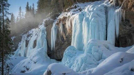 A spectacular frozen waterfall glistens in the winter sun in a snowy forest.