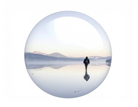 Hiker in sphere, lake, fog, mountains, reflection