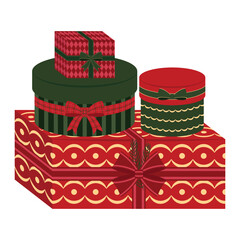 Set of four Christmas gifts in red, green and yellow colours in different shapes tied ribbons, bows. Flat vector illustration for celebration design isolated on a white background. 