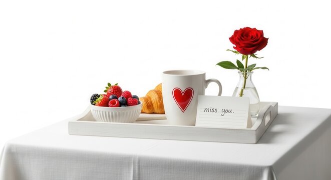 Breakfast tray with a heart mug, fresh fruit, croissant, and a rose with a note saying "miss you"