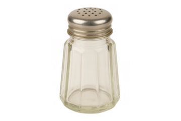 Empty clear glass salt shaker with a silver metal lid, ready for seasoning and restaurant dining, on transparent background