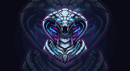 Fototapeta premium A digital illustration of a futuristic snake head mascot with neon blue and purple accents against a dark background.