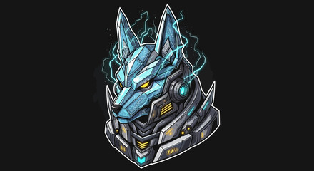 A digital illustration of a futuristic dragon head mascot with blue and silver metallic details, glowing yellow eyes, and fiery effects on a black background.