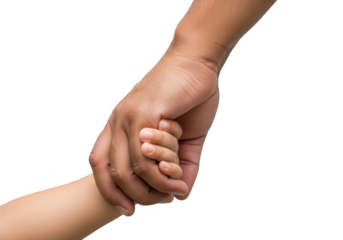 Adult hand holding a child s hand isolated on transparent background