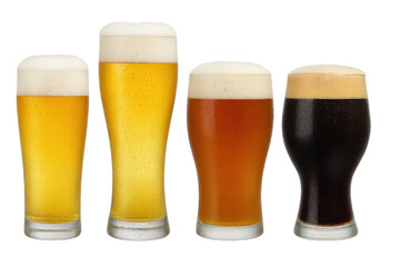 Four glasses of craft beer varieties, including lager, ale, and stout, with rich foam, refreshing and ready to drink on transparent background