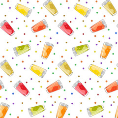 Glasses with multi-colored juices in a pattern.Vector seamless pattern with multi-colored juices in glasses on a white background.