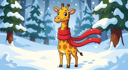 Cartoon giraffe wearing red scarf in snowy forest animal 3