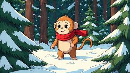 Cartoon monkey wearing red scarf in snowy forest animal