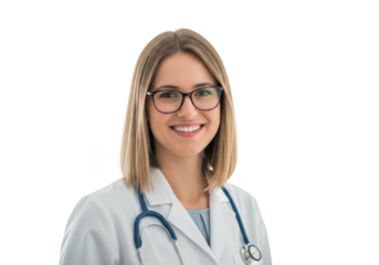 Smiling female doctor wearing glasses and stethoscope isolated on transparent background