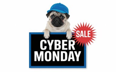 Cute pug dog in blue hat promoting cyber monday online sale event