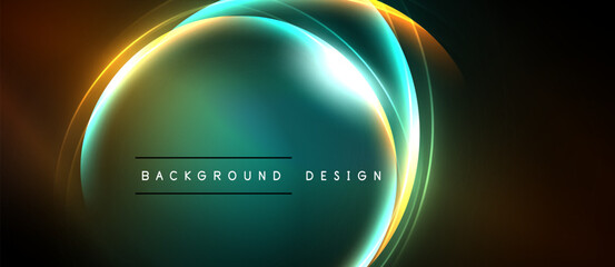 Abstract glowing lines form circular shapes. Teal, orange, yellow hues dominate dark background. Text reads background design.