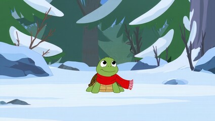 Cartoon turtle wearing red scarf in snowy forest animal
