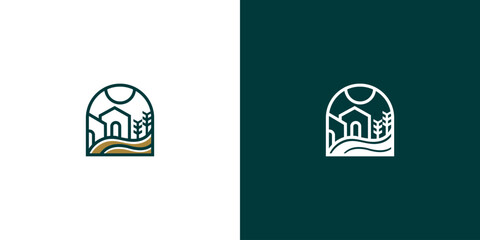 Minimalist Farm Logo with Arched Window Frame and Rural Landscape