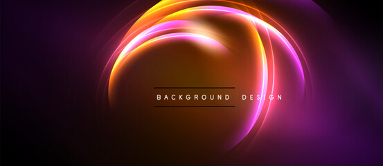 Abstract neon lights form curved shapes. Orange, pink, purple hues blend against dark background. Text reads background design.