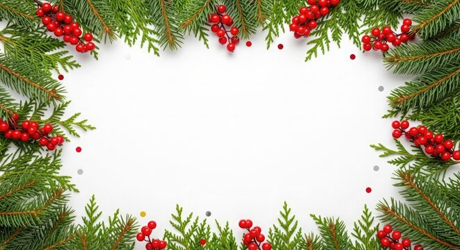 Christmas fir branches and red berries border frame - Powered by Adobe