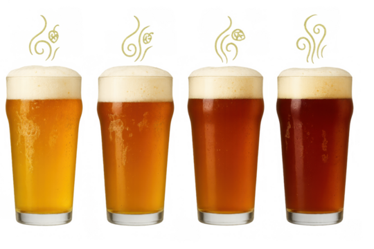 Four craft beer glasses standing in a row, featuring different styles and colors from pale golden to rich dark brown