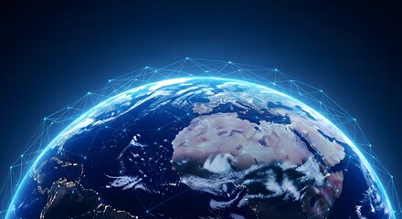 Glowing earth with digital network overlay representing global connection and technology