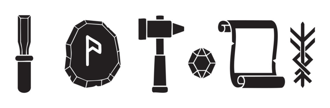 Set of black silhouette icons representing ancient Norse craftsmanship and magic, featuring a runestone, hammer, chisel, scroll, gemstone, and a magical symbol