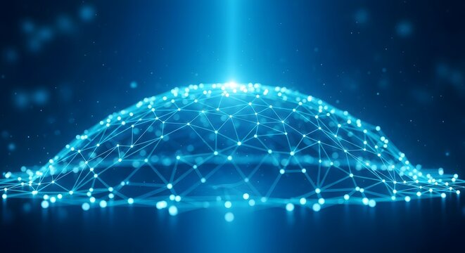 Abstract glowing network dome with central beam of light