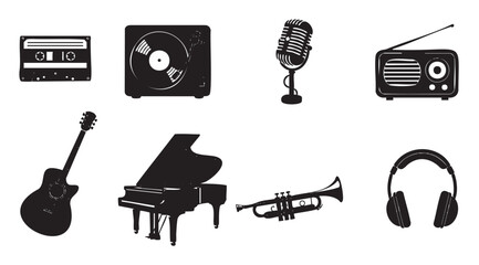 Minimalist black and white vector set of music icons, including a grand piano, acoustic guitar, trumpet, and vintage audio gear like a radio and cassette tape