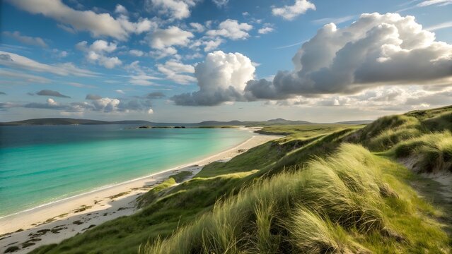 Landscape of grassy dunes overlooking turquoise water