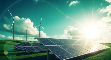 Renewable energy landscape solar panels and wind turbines on green hills