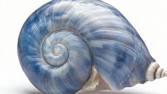 Video A close-up shot of a blue and white snail shell sitting on a clean white surface