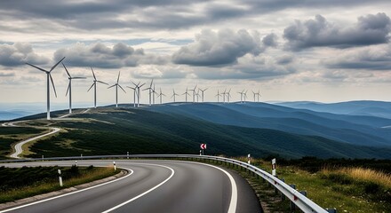 Wind turbines on mountain ridge overlooking winding road under dramatic sky
