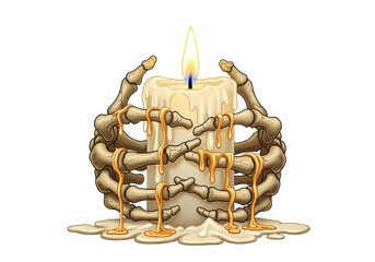 Spooky candle held by skeleton hands for Halloween