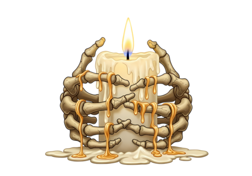Spooky candle held by skeleton hands for Halloween