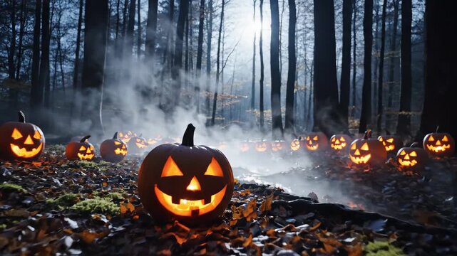 Halloween Jack-o-lanterns Illuminating Forest Path