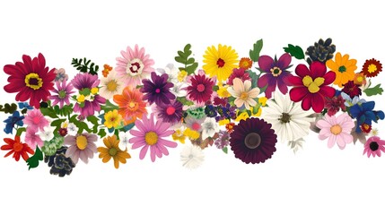Diverse array of colorful blossoms creates a horizontal floral border element