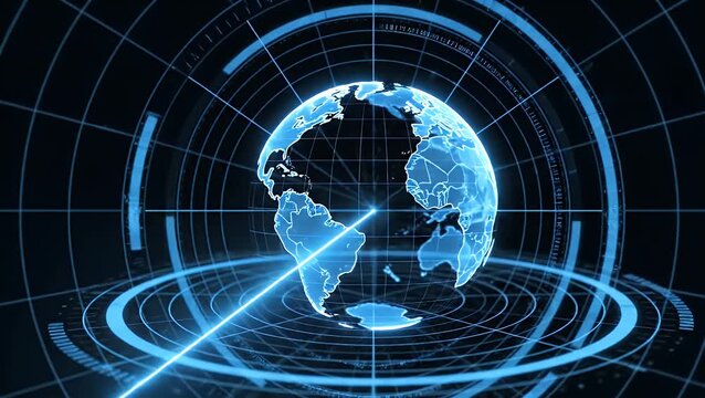 Futuristic blue digital globe with tech radar scan lines - Powered by Adobe