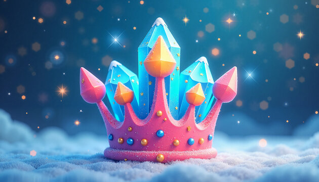 Jolly ice crystal crown sparkles on fluffy clouds, New Year celebration