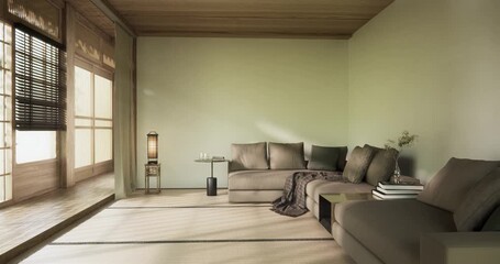 Muji minimalist, Sofa furniture and modern room design minimal.3D rendering - Powered by Adobe