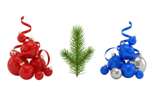 Christmas decorations with red and blue ornaments isolated on transparent background