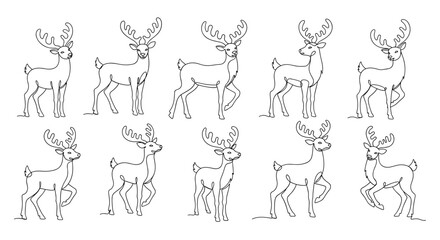 Line art of cute reindeer in various poses on white background  