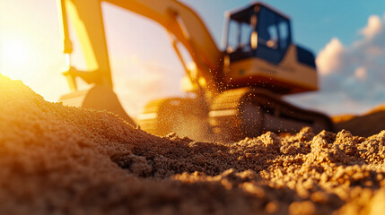 Excavator loader working in a sandpit with hyper-realistic bucket details, vivid textures, and dramatic shadows on the sand striking construction equipment scene with bright saturation